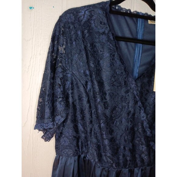 Nemidor Women Plus 18 Navy Blue Lace Stretch V Neck Cocktail Retro Dress Zip NWT - Picture 2 of 10